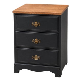 Vintage Gothic Revival Onyx Black Three-Drawer Nightstand With Brass Batwing Pulls For Sale