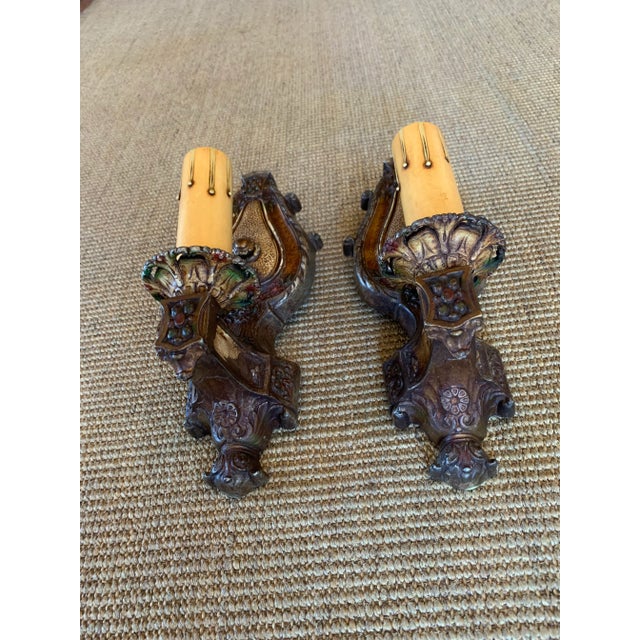 Coffee 1920s Cast Aluminum With Original Polychrome Paint Sconces - a Pair For Sale - Image 8 of 10