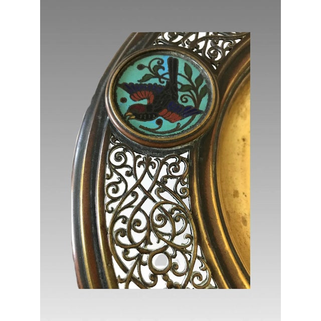 Brass Antique Persian Reticulated Brass & Enamel Turquoise Cloisonné Tazza / Centre Piece / Sweet Stand With Blue Birds For Sale - Image 8 of 11