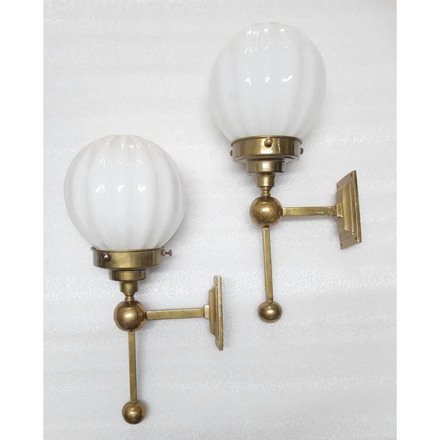 1940s Pair Vintage Art Deco Wall Sconces in Brass & Ribbed Milk Glass Shade Ship Light For Sale - Image 5 of 6