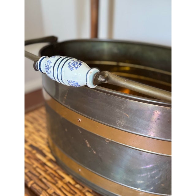 Brass Vintage Dresher Copper and Brass Oval Bucket or Cache Pot With Blue and White Handle For Sale - Image 8 of 9