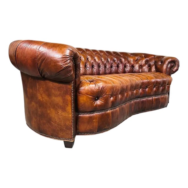 1990s Henredon Chesterfield Crescent Sofa, Brown Leather, Tufted For Sale