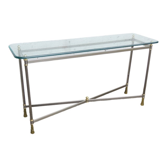 Hollywood Regency Two Tones Chrome and Brass Console Table Tv Stand 5602 For Sale