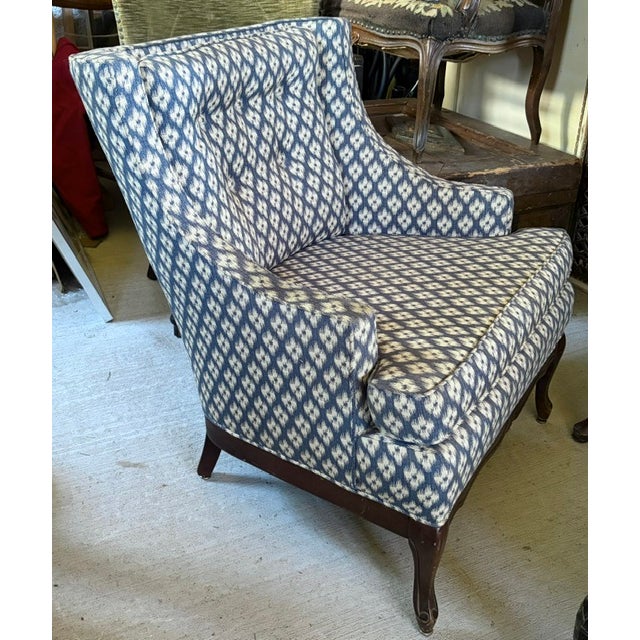 Mid-Century Modern Mid Century Queen Anne Style Modified Wing Back Chair in Ikat Upholstery For Sale - Image 3 of 9