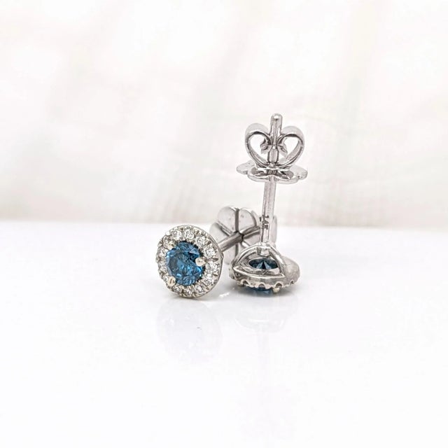 Blue Diamond Earrings with Natural Diamonds in Solid 14K White Gold Round 3.5mm, a Pair For Sale In Columbus - Image 6 of 7