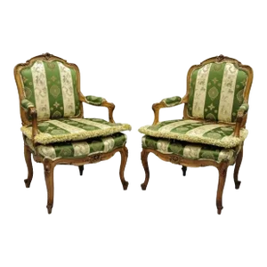 Early 20th Century Antique French Louis XV Style Green & Gold Walnut Fauteuil Armchairs - a Pair