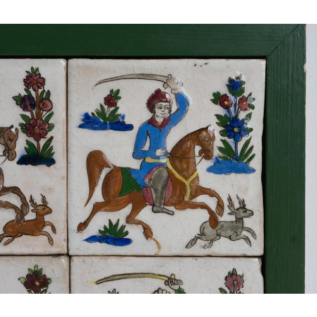Green Set of Six Antique Persian Qajar Tiles Depicting Hunters on Horseback, 19th Century For Sale - Image 8 of 14