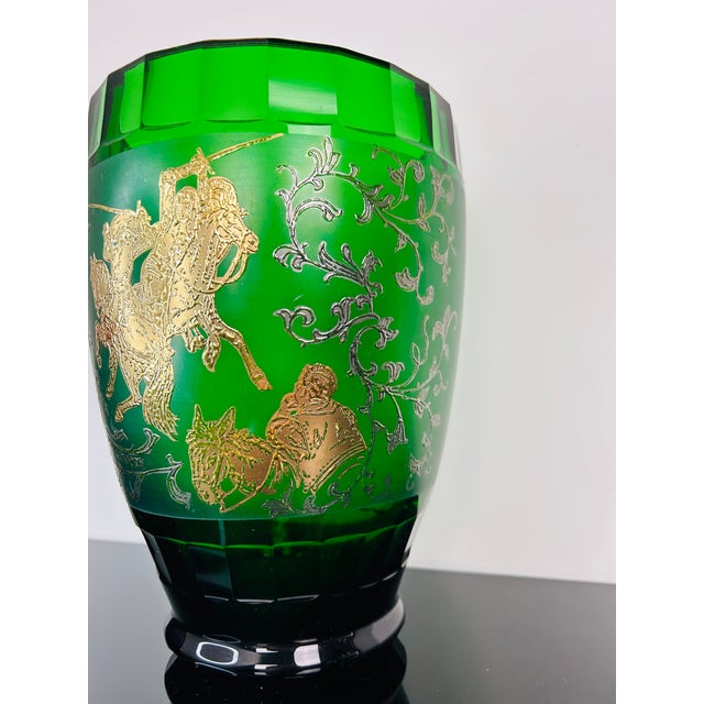 Large Green Art Glass Don Quijote Vase with Gold Painted Decor, Former Czechoslovakia, 1930 For Sale - Image 3 of 7