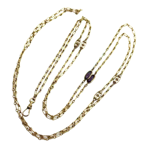 1910s Victorian 10k Gold Long Chain With Oblong and Purple Paste Stations