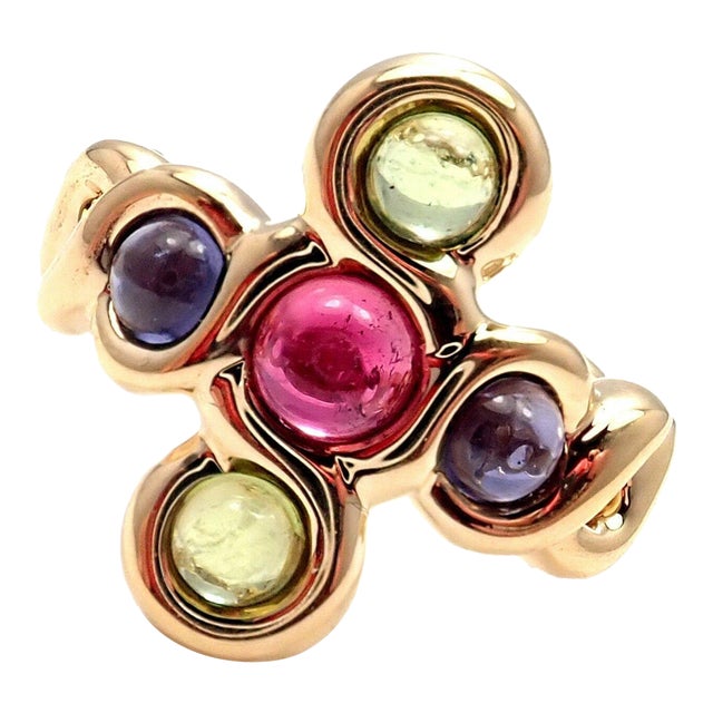 Chanel 18k Yellow Gold Pink Green Tourmaline Ring sz 4.5 For Sale