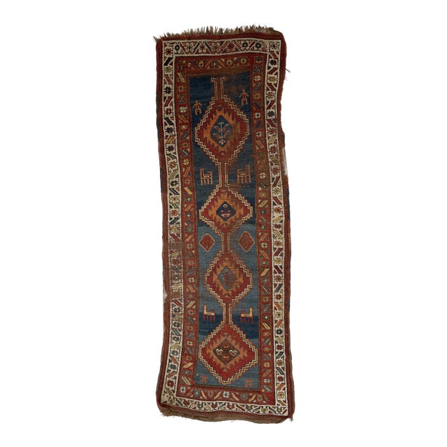 1930s Nomadic Blue, Terracotta, Red and Camel Runner Rug , 3.2 x 8.9 For Sale