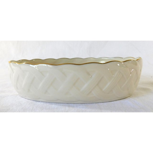 Ceramic Late 20th Century Lenox Ivory & Gold Trim Basket Weave Oval Serving Bowl For Sale - Image 7 of 7