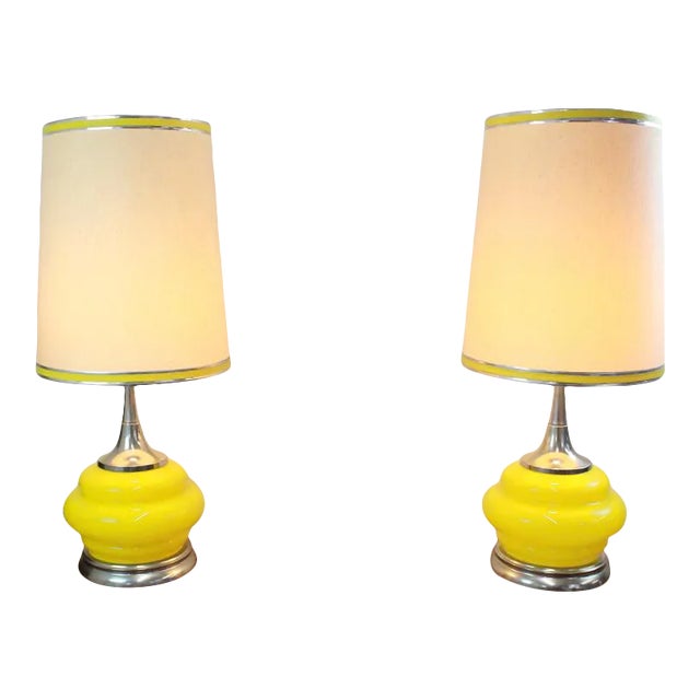 Pair of 1970's Lamps Yellow Glass and Chrome For Sale
