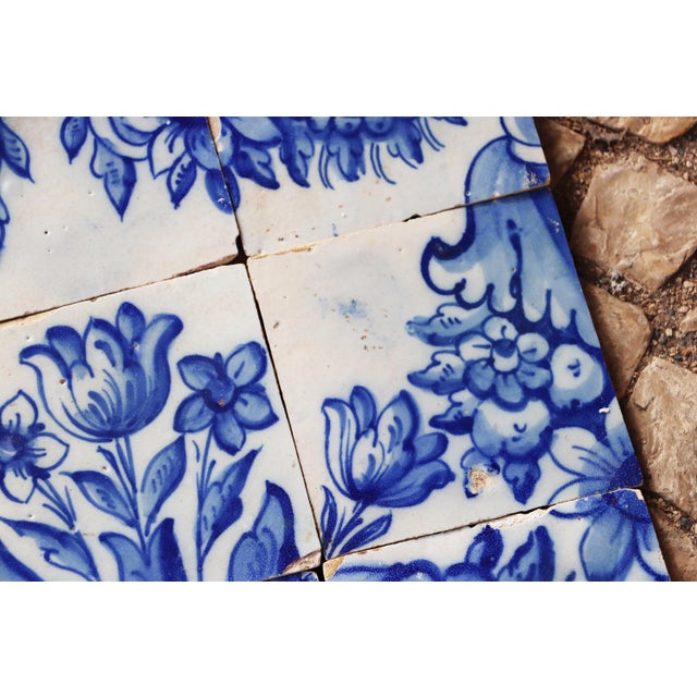 Blue Tile Mural Panel Depicting a Vase With Rocaille Flowers, Portuguese, 18th Century For Sale - Image 8 of 16