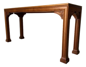 Vintage Chippendale-Style Solid Teak Console Table With Carved Details