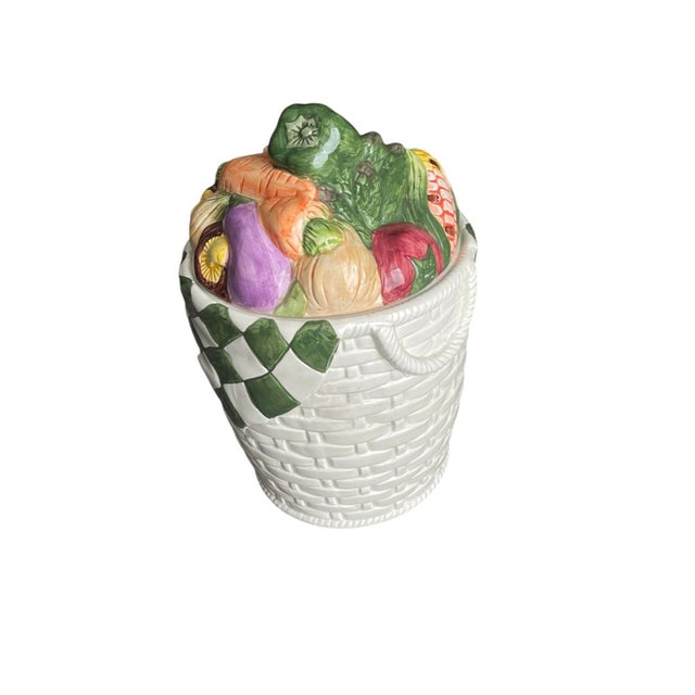1980s Kung Shing 3D Fruit Vegetables Basket Weave Canister For Sale - Image 4 of 4