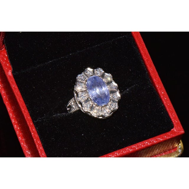Metal Gia Certified Natural 4cts vs F Diamond No Heat Violet Sapphire 18k Gold Art Deco Etruscan Halo Ring, Size 5.5 For Sale - Image 7 of 10