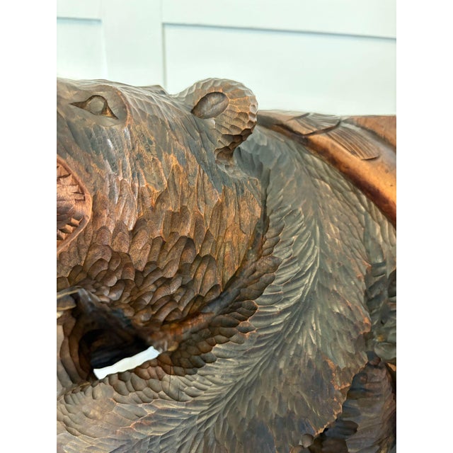 Large Japanese Edwardian Carved Linden Wood Bear Carrying a Fish, 1900s For Sale - Image 11 of 14