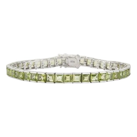 Square Cut Peridot 14.62 CTW Sterling Silver Tennis Bracelet 14.3 Grams Gross Weight For Sale