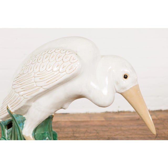 Mid 20th Century Vintage White and Cream Glazed Ceramic Heron Bird Sculpture For Sale - Image 5 of 13