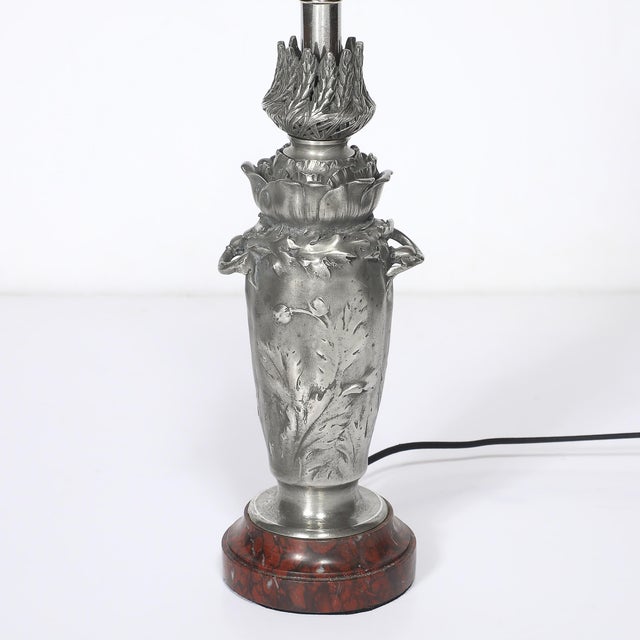 Art Nouveau Rosso Levanto Marble Base & Pewter Table Lamp Signed E. Lelièvre For Sale - Image 11 of 16