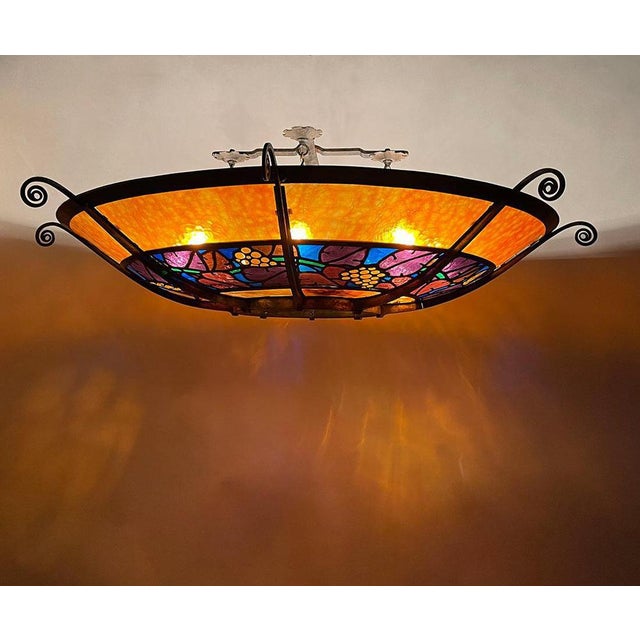 Large French Round Stained Glass Chandelier, 1900s For Sale - Image 6 of 17