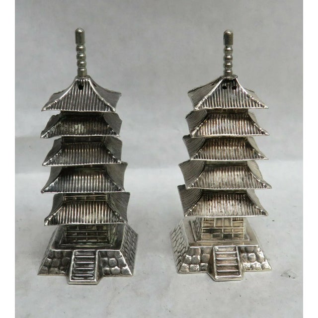 1940s Sterling Silver Pagoda Tower's Salt & Pepper Shakers For Sale - Image 4 of 4