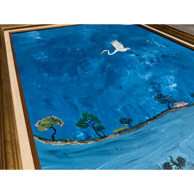 Vintage Large Folk Art Tropical Landscape Painting With Egret in Gilt Wood Frame For Sale - Image 9 of 15