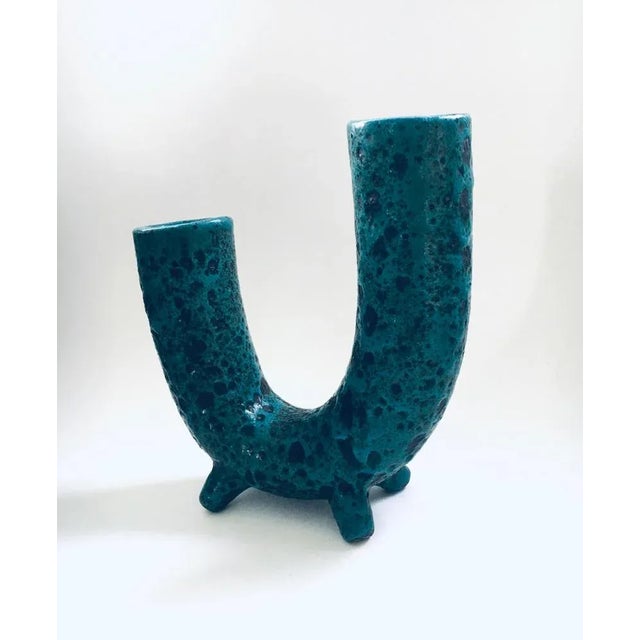 Blue Brutalist Art Pottery Studio Fat Lava Horn Spout Vase, Belgium, 1960s For Sale - Image 8 of 12