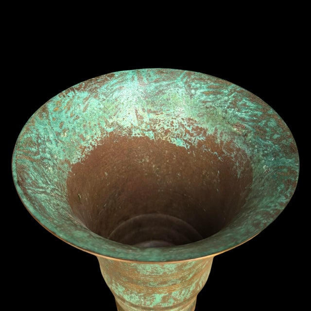 Vintage Carl Sorensen Art Deco Verdigris Bronze Trumpet Vase With Gilt Rings For Sale In San Diego - Image 6 of 8