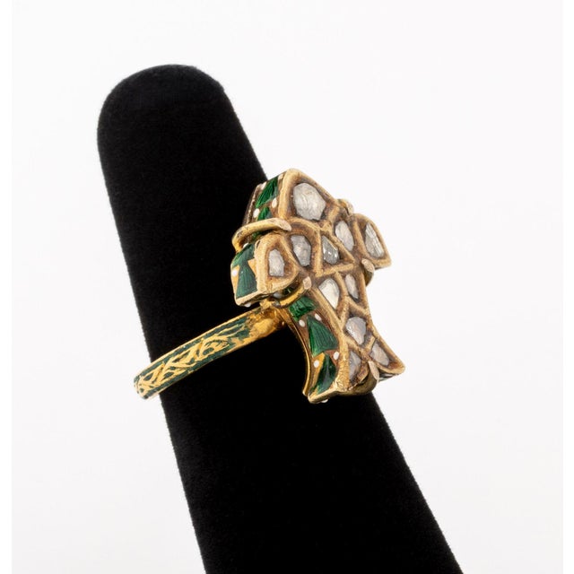 Indian Bird Form Yellow Gold, Enamel, and Diamond Ring For Sale - Image 3 of 9