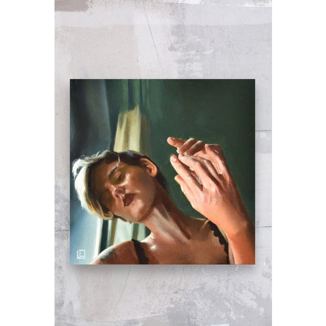 Mirrored Touch by Linda Delahaye | Oil on cradled wood panel of a woman with hands raised. For Sale - Image 4 of 5