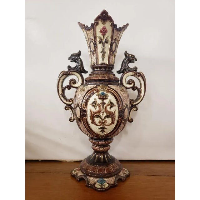 Circa 1900 Bohemian Renaissance Revival Majolica Gryphon Handled Footed Vase For Sale - Image 4 of 8