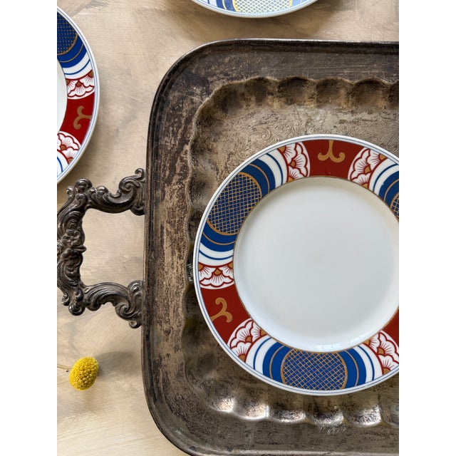 Vintage Fitz and Floyd 1975 Mishiki Plates 7.5 Inch Blue Oxblood Red Gold Vintage Japan - Set 4 Plates For Sale In Chicago - Image 6 of 10