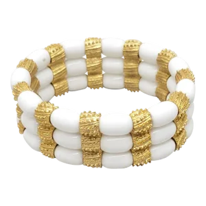 Vintage 1963 Crown Trifari Goldtone & White Resin Bead Stretch Bracelet