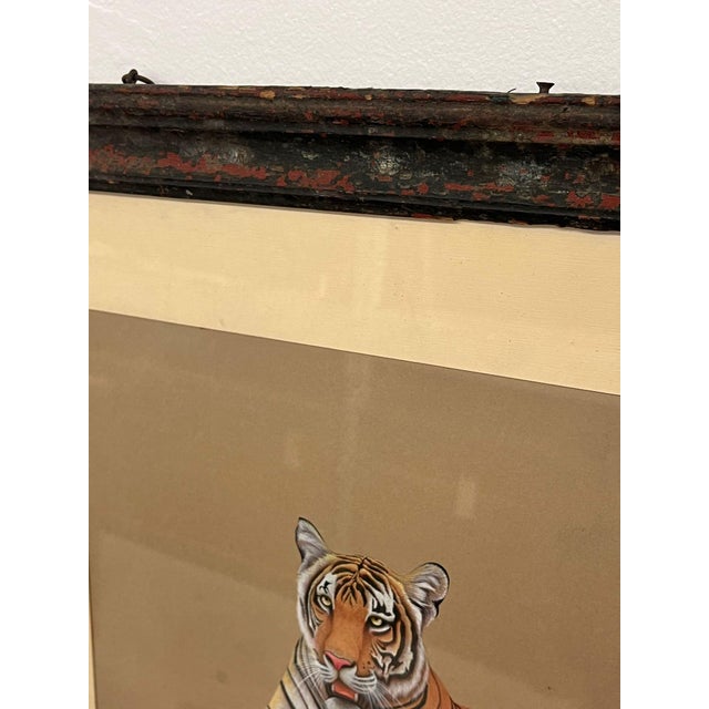Mid-Century Modern Vintage Possibly Mixed Media Original Tiger Art Piece, Matted and Framed in Antique Frame For Sale - Image 3 of 12