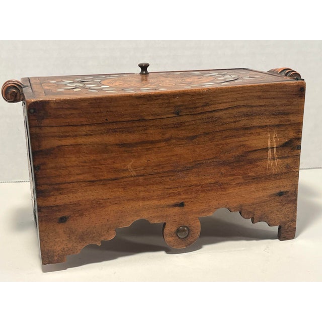Wood Antique 19th C. Moroccan Wooden Hand Crafted Mother of Pearl and Copper Dowry Box For Sale - Image 7 of 13
