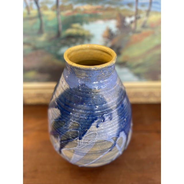 Signed Studio Art Pottery Vase With Expressive Blue Drip Glaze and Textured Stoneware Body. For Sale In Seattle - Image 6 of 8