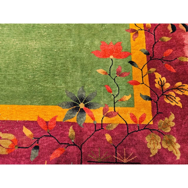 Vintage Art Deco Chinese Rug, Hand-Knotted Wool, Floral Motif, Turquoise & Purple, 9x12 For Sale - Image 4 of 18