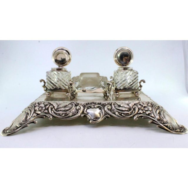 Metal Relief Silver and Glass Inkwell with Floral Motifs and Reliefs For Sale - Image 7 of 8