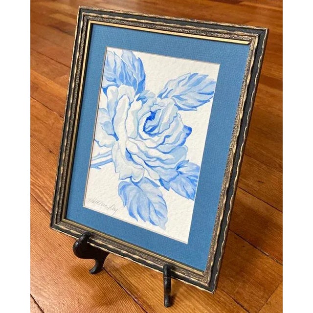 Orignal Watercolor Painting of a Chintz Style Rose, Vintage Frame, Blue and White, For Sale In Seattle - Image 6 of 8
