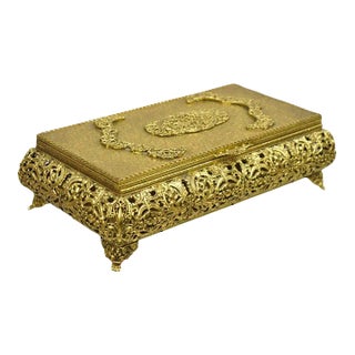 Vintage French Hollywood Regency Style Gold Filigree Vanity Jewelry Box by Globe For Sale