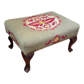 Antique Embroidered Needlepoint Ottoman or Footstool For Sale