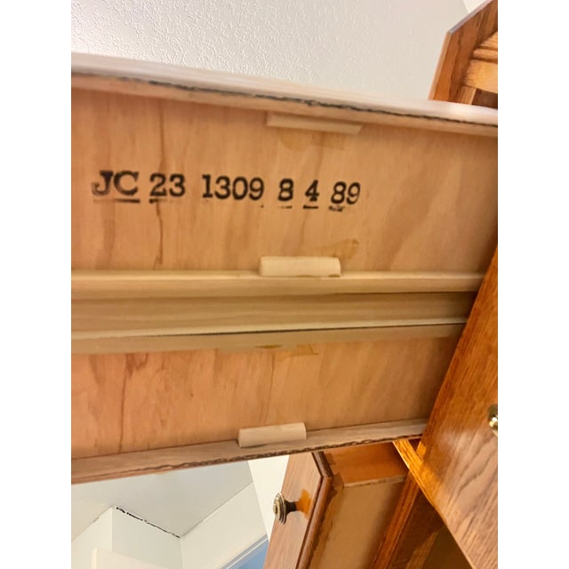 Vintage 1989 Solid Oak Executive Desk With Glass Top and Locking Drawers For Sale - Image 9 of 11