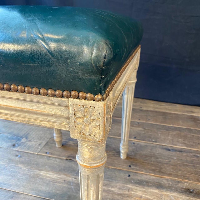 Wood French Louis XVI Leather Stool Bench or Ottoman With Original Paint For Sale - Image 7 of 10