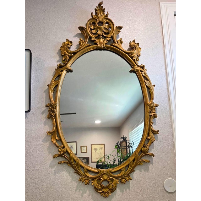 French Country Vintage Palladio Italy Rococo Gilded Wall Mirror Ornate Gold 48.5 For Sale - Image 3 of 17