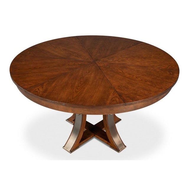 Wood Transitional Round Dining Table, Medium - Warm Brown Oak With Hammered Iron Accents For Sale - Image 7 of 11