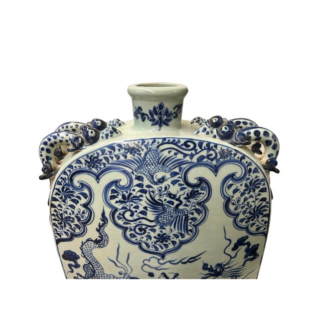 Chinese Blue White Porcelain Dragons Phoenix Square Flat Vase For Sale In San Francisco - Image 6 of 7
