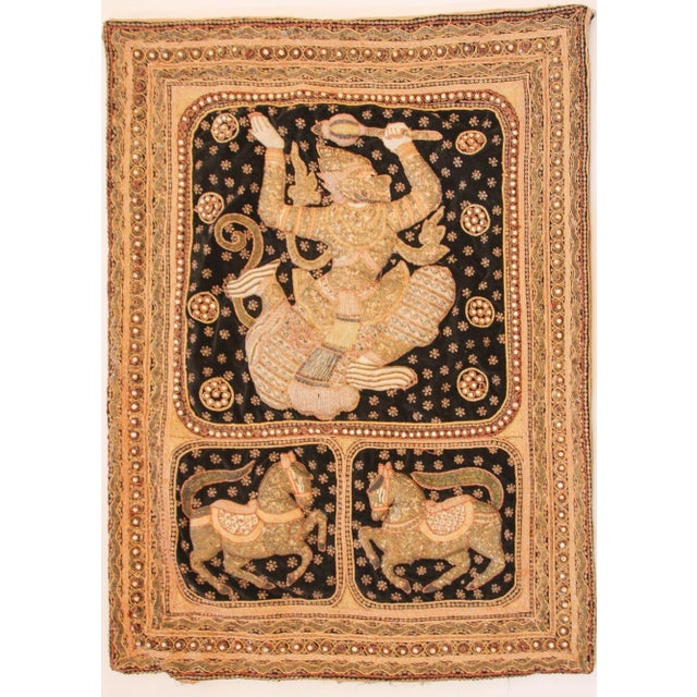 Vintage 1950s Burmese Kalaga Tapestry Pillow Warrior and Horses. Elaborately detailed vintage Burmese Kalaga tapestry made...