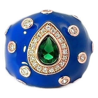 Blue Enamel Sterling Silver Ring With Green Teardrop Cubic Zirconia- Size 6 For Sale